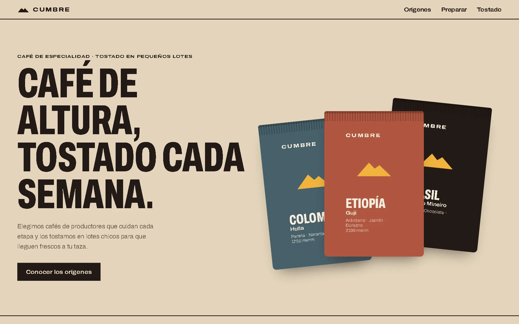 Sitio de Cumbre con selector de orígenes de café
